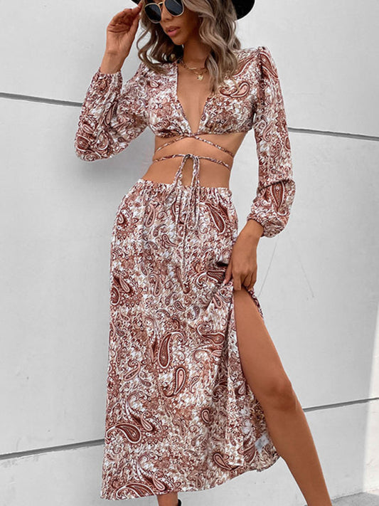 Skirt Set- Paisley V Neck Dress: 2-Piece Set, Mid Calf Skirt, Strappy Crop Top- Coffee- Pekosa Women Clothing