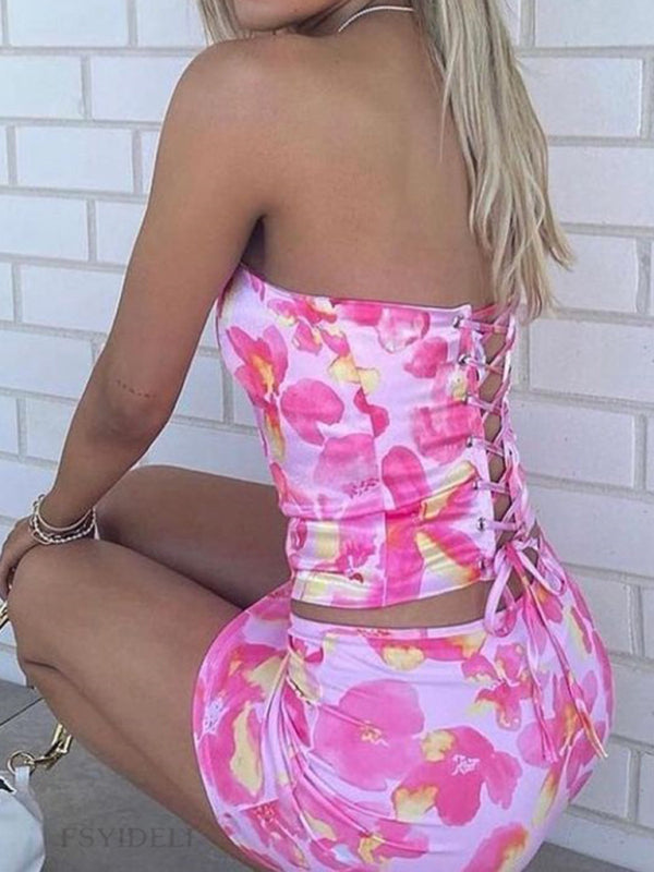 Skirt Set- Summer Lace-Up Tube Top & Mini Skirt 2-Piece Set in Floral Print- - IndioGear Fashion and Gear