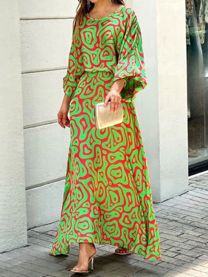 Skirt Sets- Women's Boho 2-Piece Blouse + Skirt Lookalike Maxi Dress- Forest green- IndioGear Fashion and Gear