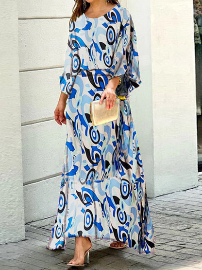 Skirt Sets- Women's Boho 2-Piece Blouse + Skirt Lookalike Maxi Dress- Blue- IndioGear Fashion and Gear