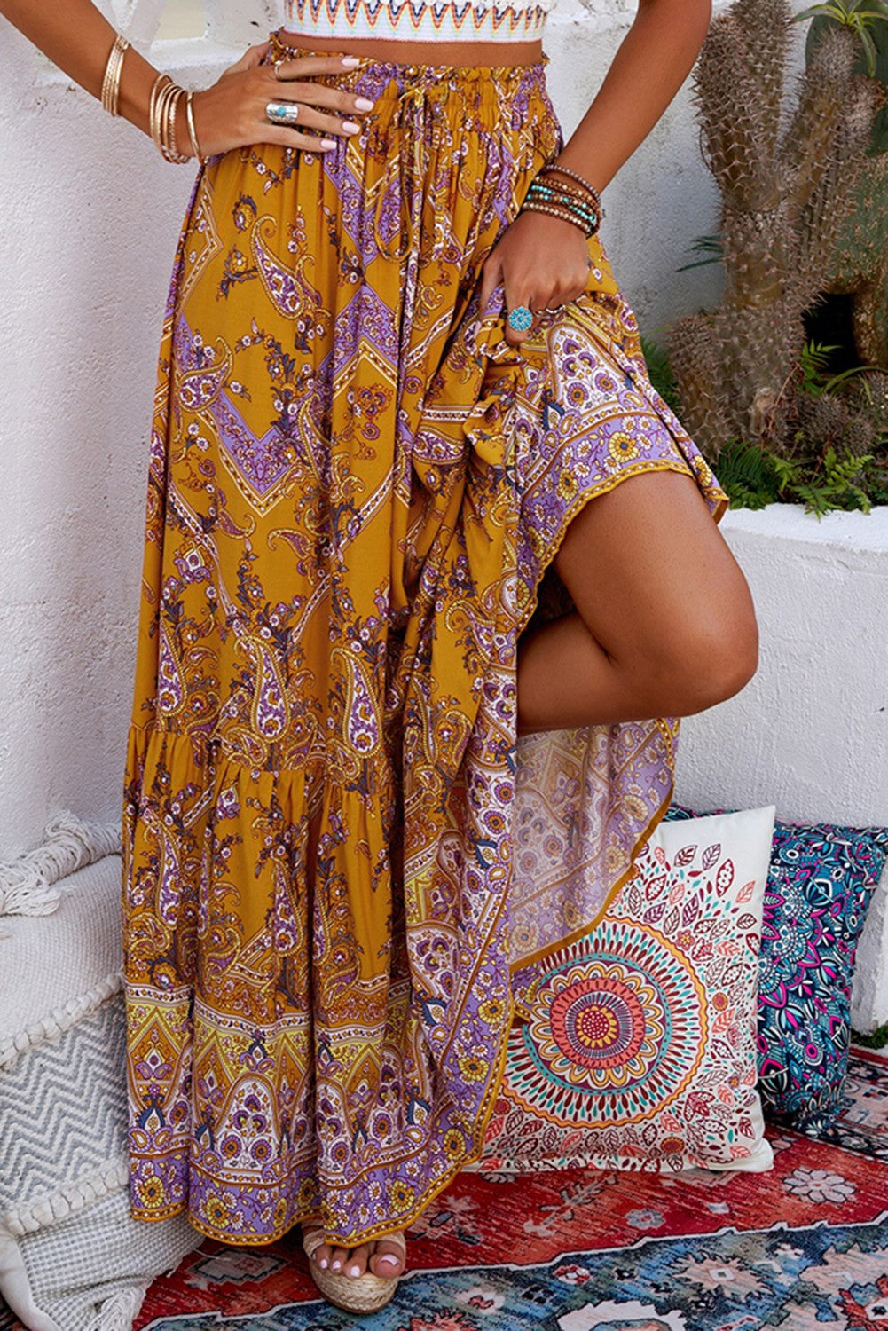 Skirts- Boho Beauty: Women's Paisley Maxi Skirt with Flowy Tiered Design- - IndioGear Fashion and Gear