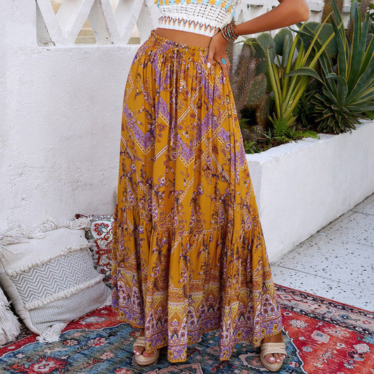 Skirts- Boho Beauty: Women's Paisley Maxi Skirt with Flowy Tiered Design- Yellow- IndioGear Fashion and Gear