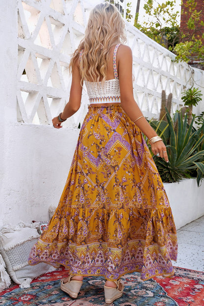 Skirts- Boho Beauty: Women's Paisley Maxi Skirt with Flowy Tiered Design- - IndioGear Fashion and Gear