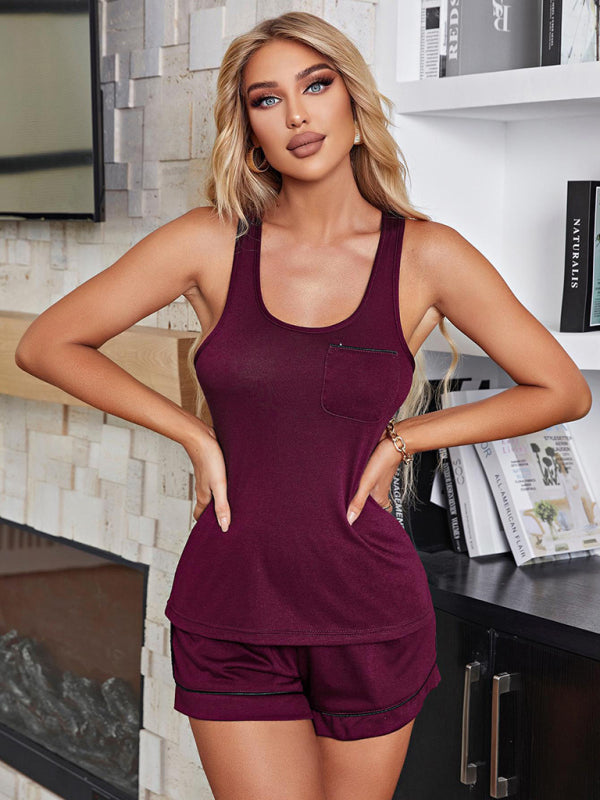 Sleepwear- Contrast Binding 2-Piece Pajamas with Tank Top and Shorts- Dark purple- IndioGear Fashion and Gear