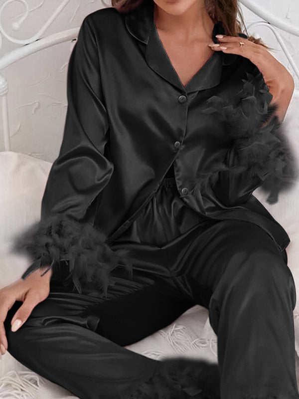 Feather-Adorned Satin 2-Piece Nightwear | Long Sleeves Shirt and Pants