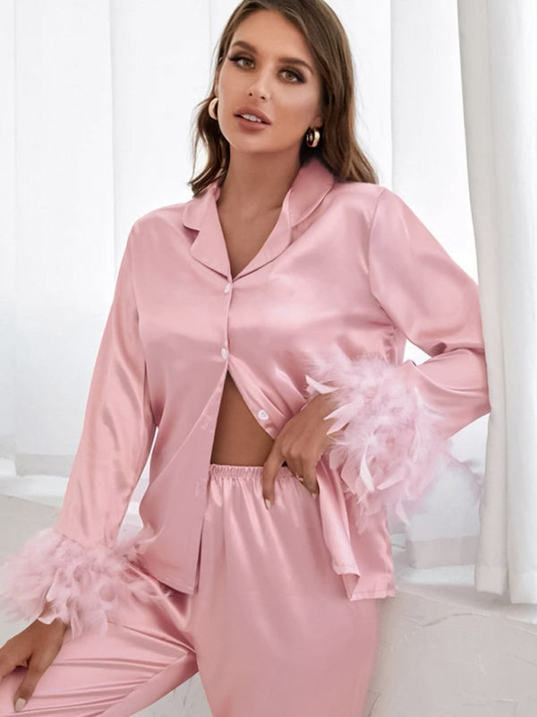 Feather-Adorned Satin 2-Piece Nightwear | Long Sleeves Shirt and Pants