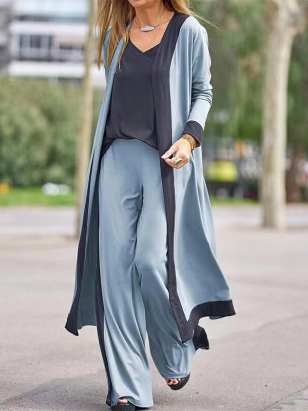 Sleepwear & Loungewear- 3-Piece Pajama Set: Vest, Wide Leg Trousers, and Robe- Blue- IndioGear Fashion and Gear