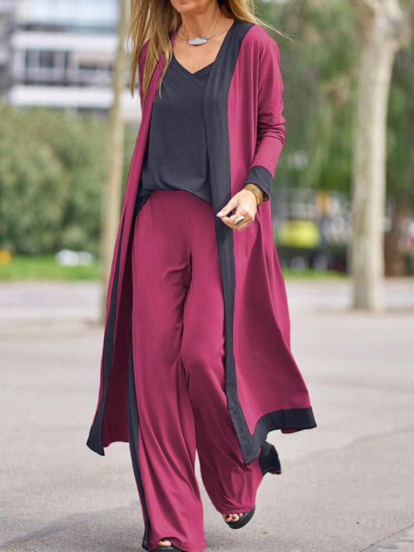 Sleepwear & Loungewear- 3-Piece Pajama Set: Vest, Wide Leg Trousers, and Robe- Red- IndioGear Fashion and Gear