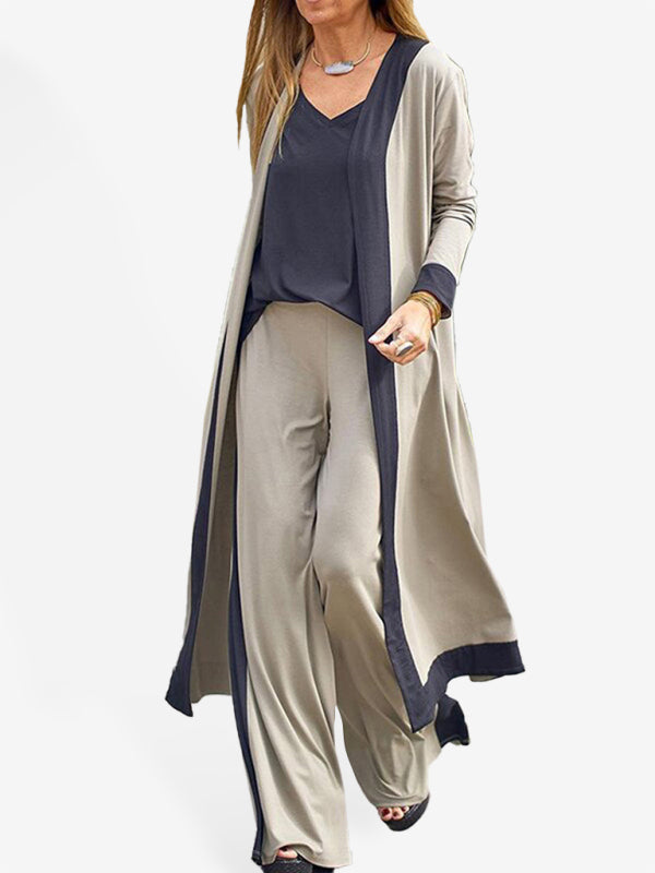 Sleepwear & Loungewear- 3-Piece Pajama Set: Vest, Wide Leg Trousers, and Robe- Pale green- IndioGear Fashion and Gear