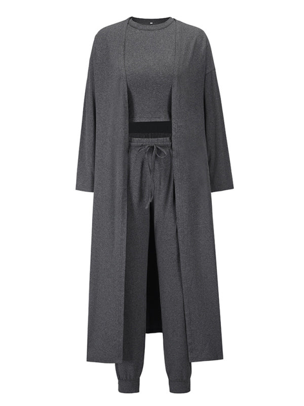 Sleepwear & Loungewear- Loungewear Set: Round Neck Tank Top + Tapered Trousers + Long Robe- - IndioGear Fashion and Gear