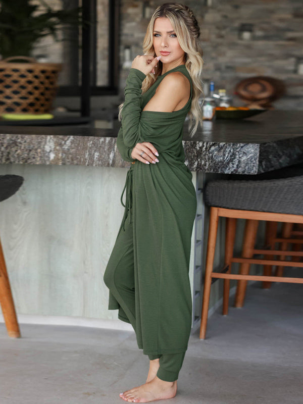 Sleepwear & Loungewear- Loungewear Set: Round Neck Tank Top + Tapered Trousers + Long Robe- - IndioGear Fashion and Gear