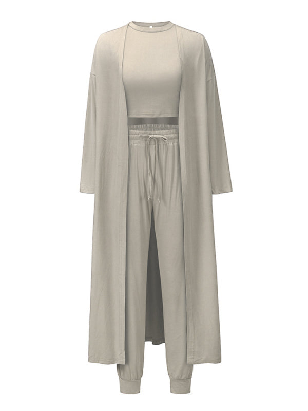 Sleepwear & Loungewear- Loungewear Set: Round Neck Tank Top + Tapered Trousers + Long Robe- - IndioGear Fashion and Gear