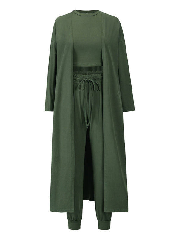 Sleepwear & Loungewear- Loungewear Set: Round Neck Tank Top + Tapered Trousers + Long Robe- - IndioGear Fashion and Gear