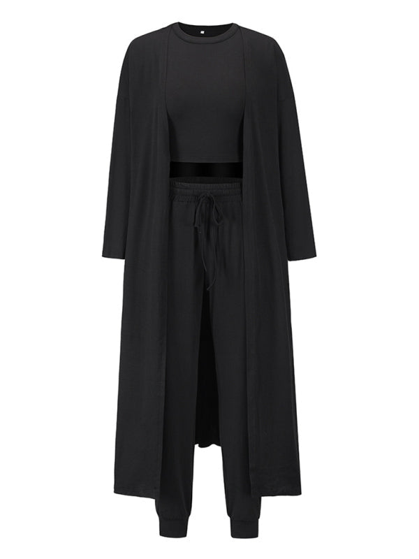 Sleepwear & Loungewear- Loungewear Set: Round Neck Tank Top + Tapered Trousers + Long Robe- - IndioGear Fashion and Gear