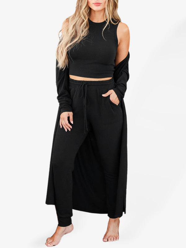 Sleepwear & Loungewear- Loungewear Set: Round Neck Tank Top + Tapered Trousers + Long Robe- Black- IndioGear Fashion and Gear