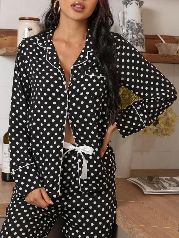 Sleepwear & Loungewear- Polka Dot Women's Lounge Set: Lapel Collar Shirt + Adjustable Trousers- - IndioGear Fashion and Gear