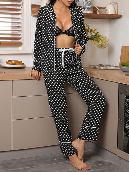 Sleepwear & Loungewear- Polka Dot Women's Lounge Set: Lapel Collar Shirt + Adjustable Trousers- - IndioGear Fashion and Gear