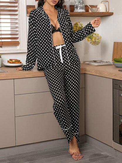 Sleepwear & Loungewear- Polka Dot Women's Lounge Set: Lapel Collar Shirt + Adjustable Trousers- - IndioGear Fashion and Gear