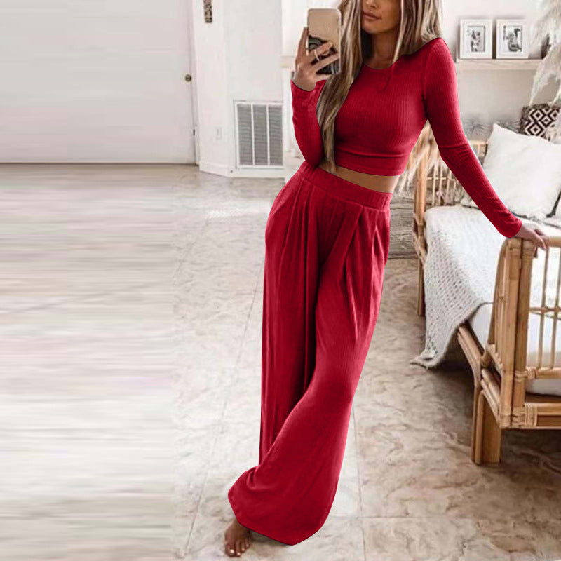 Sleepwear & Loungewear- Ribbed Cotton Loungewear: Long Sleeve Top + Wide Leg Trousers- Red- IndioGear Fashion and Gear