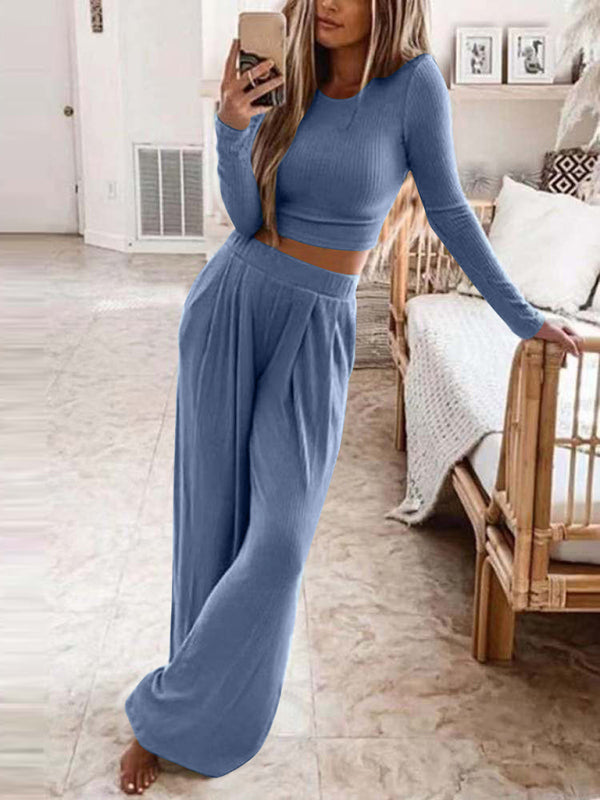 Sleepwear & Loungewear- Ribbed Cotton Loungewear: Long Sleeve Top + Wide Leg Trousers- - IndioGear Fashion and Gear