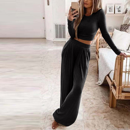 Sleepwear & Loungewear- Ribbed Cotton Loungewear: Long Sleeve Top + Wide Leg Trousers- Black- IndioGear Fashion and Gear