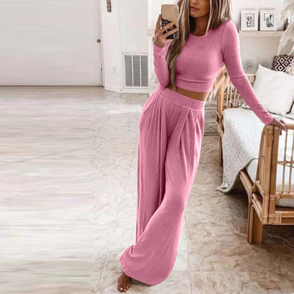 Sleepwear & Loungewear- Ribbed Cotton Loungewear: Long Sleeve Top + Wide Leg Trousers- Pink- IndioGear Fashion and Gear