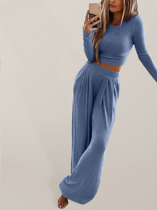 Sleepwear & Loungewear- Ribbed Cotton Loungewear: Long Sleeve Top + Wide Leg Trousers- Blue- IndioGear Fashion and Gear