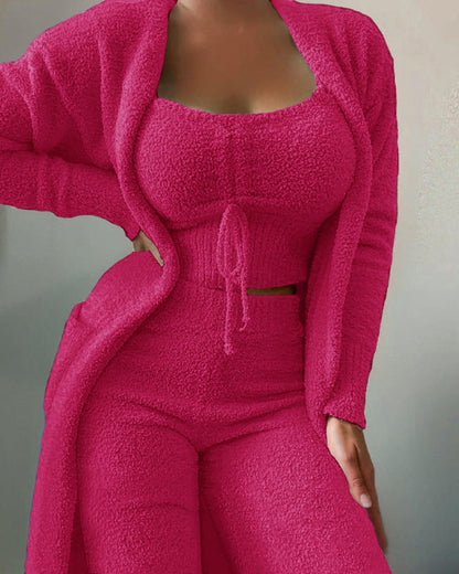 Sleepwear & Loungewear- Snuggle in Style: Fuzzy Tank & Pants & Cardigan- Rose- Pekosa Women Clothing