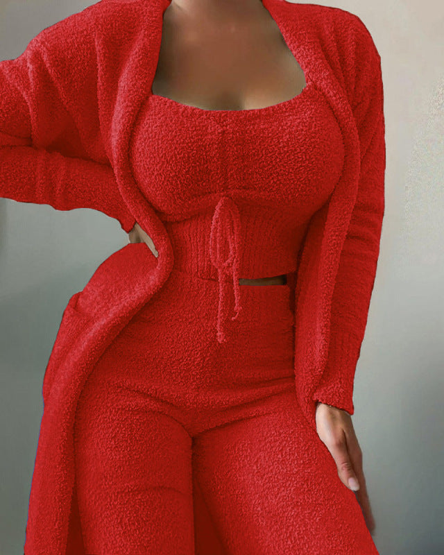 Sleepwear & Loungewear- Snuggle in Style: Fuzzy Tank & Pants & Cardigan- Red- Pekosa Women Clothing