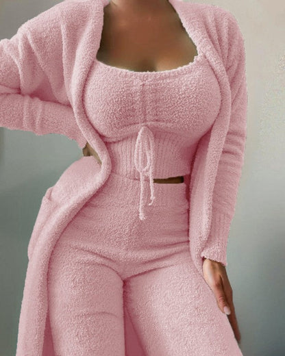 Sleepwear & Loungewear- Snuggle in Style: Fuzzy Tank & Pants & Cardigan- Pink- Pekosa Women Clothing