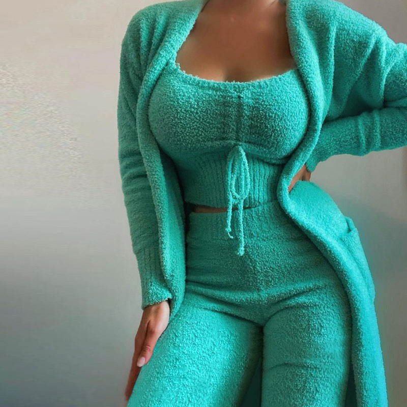 Sleepwear & Loungewear- Snuggle in Style: Fuzzy Tank & Pants & Cardigan- Green- Pekosa Women Clothing