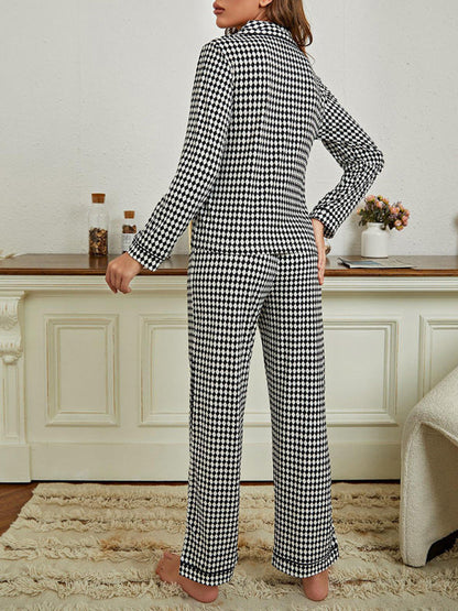 Sleepwear & Loungewear- Women's Plaid Lounge Set: Lapel Collar Shirt + Straight Leg Trousers- - IndioGear Fashion and Gear