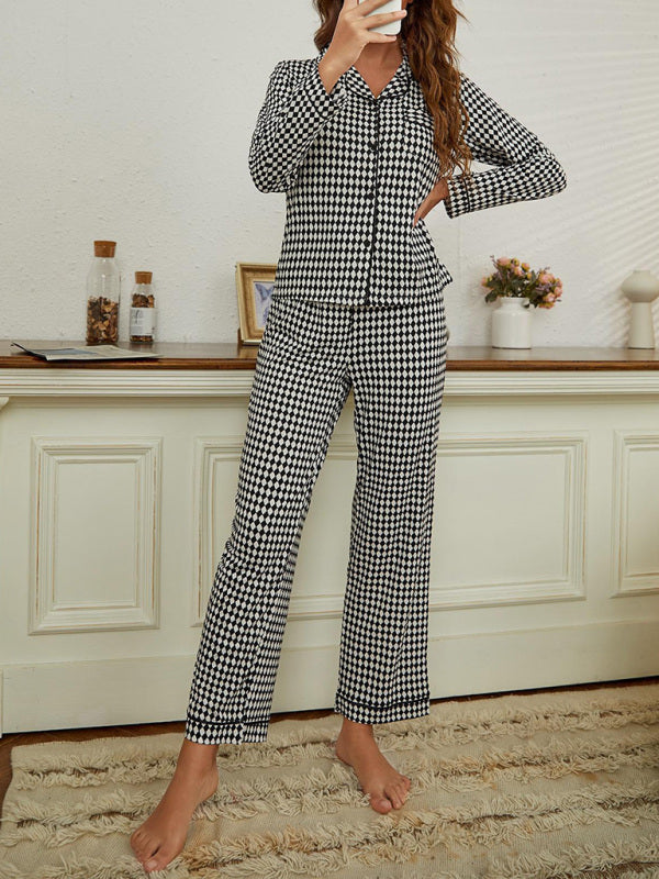 Sleepwear & Loungewear- Women's Plaid Lounge Set: Lapel Collar Shirt + Straight Leg Trousers- - IndioGear Fashion and Gear