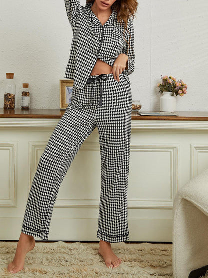 Sleepwear & Loungewear- Women's Plaid Lounge Set: Lapel Collar Shirt + Straight Leg Trousers- - IndioGear Fashion and Gear