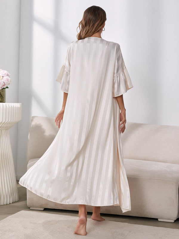 Sleepwear- Satin Striped 2-Piece Pajamas Long Chemise Nightdress with Silk Open Robe- - IndioGear Fashion and Gear