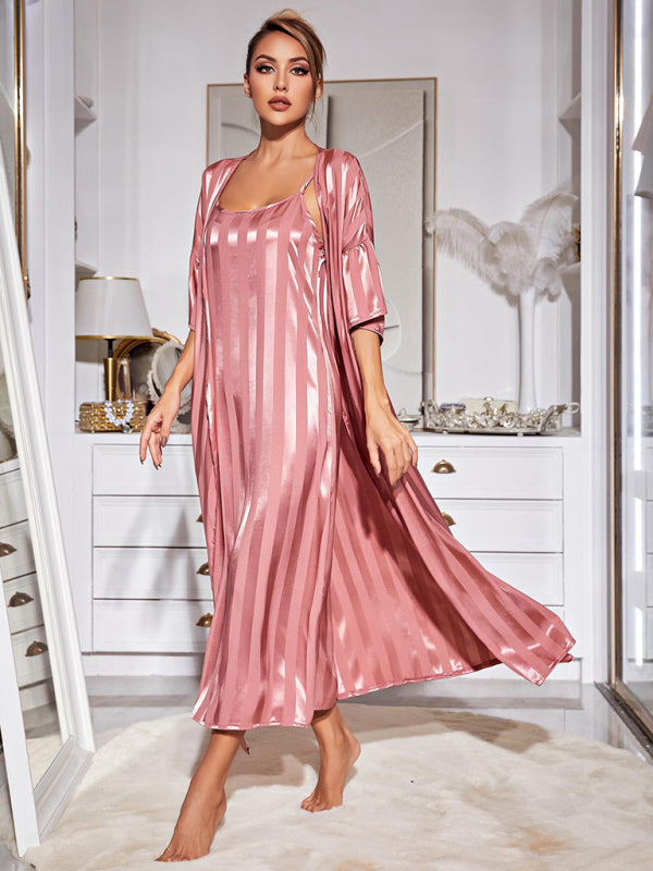 Sleepwear- Satin Striped 2-Piece Pajamas Long Chemise Nightdress with Silk Open Robe- - IndioGear Fashion and Gear