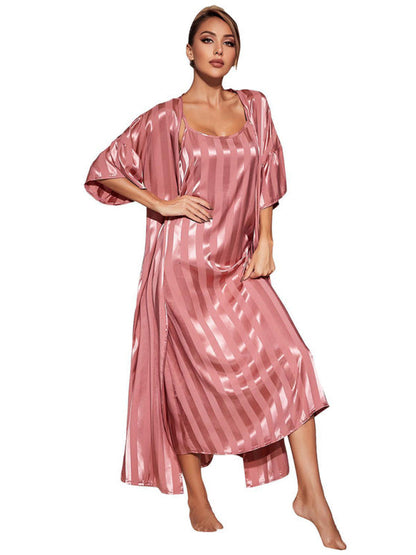 Sleepwear- Satin Striped 2-Piece Pajamas Long Chemise Nightdress with Silk Open Robe- - IndioGear Fashion and Gear