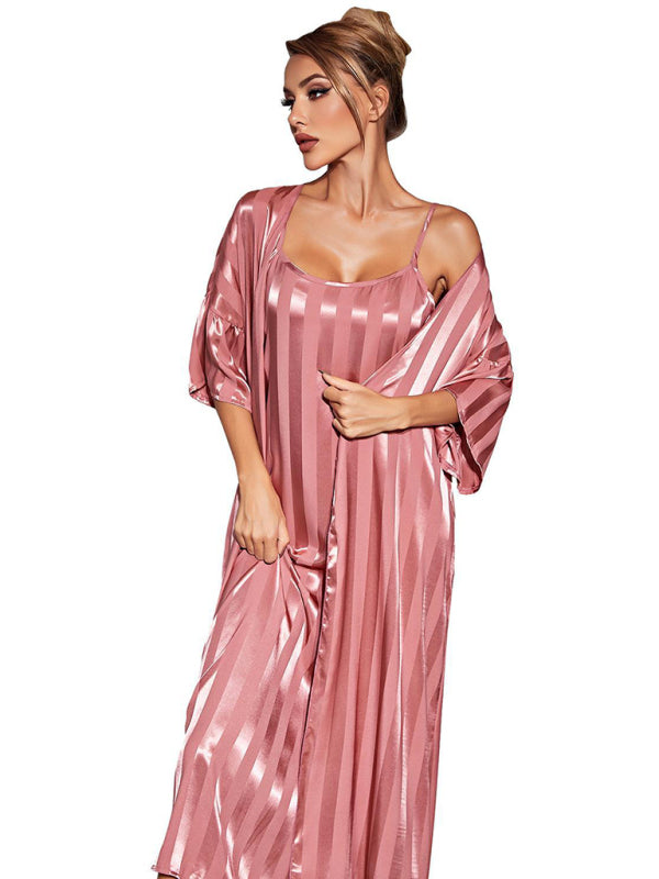 Sleepwear- Satin Striped 2-Piece Pajamas Long Chemise Nightdress with Silk Open Robe- - IndioGear Fashion and Gear