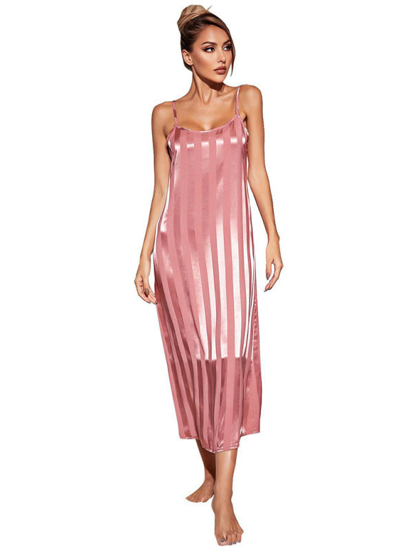 Sleepwear- Satin Striped 2-Piece Pajamas Long Chemise Nightdress with Silk Open Robe- - IndioGear Fashion and Gear