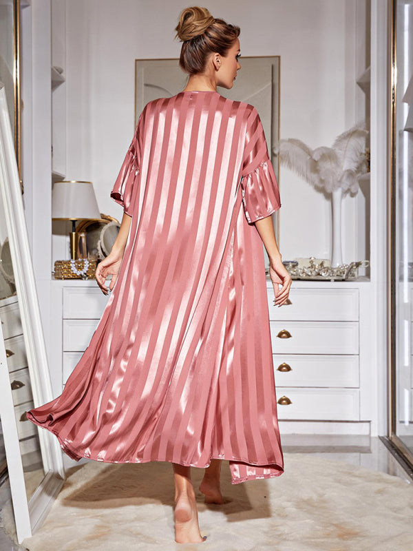 Sleepwear- Satin Striped 2-Piece Pajamas Long Chemise Nightdress with Silk Open Robe- - IndioGear Fashion and Gear