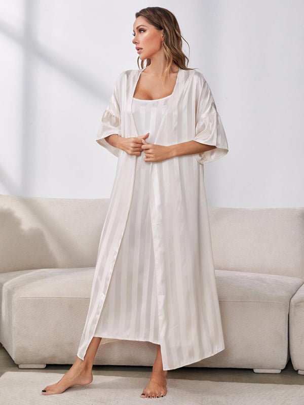 Sleepwear- Satin Striped 2-Piece Pajamas Long Chemise Nightdress with Silk Open Robe- - IndioGear Fashion and Gear