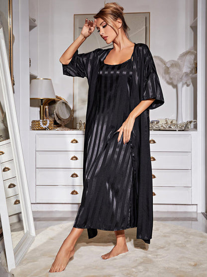 Sleepwear- Satin Striped 2-Piece Pajamas Long Chemise Nightdress with Silk Open Robe- - IndioGear Fashion and Gear