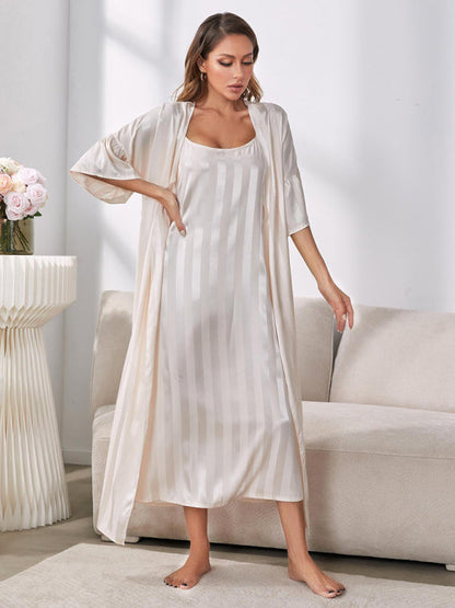 Sleepwear- Satin Striped 2-Piece Pajamas Long Chemise Nightdress with Silk Open Robe- - IndioGear Fashion and Gear