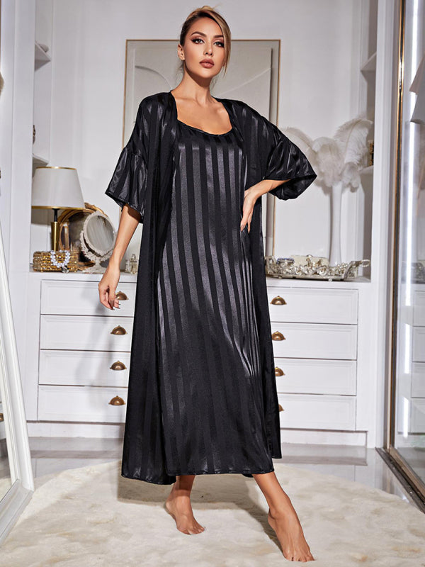 Sleepwear- Satin Striped 2-Piece Pajamas Long Chemise Nightdress with Silk Open Robe- - IndioGear Fashion and Gear