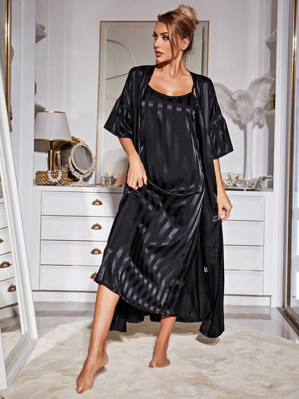 Sleepwear- Satin Striped 2-Piece Pajamas Long Chemise Nightdress with Silk Open Robe- - IndioGear Fashion and Gear