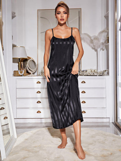 Sleepwear- Satin Striped 2-Piece Pajamas Long Chemise Nightdress with Silk Open Robe- Black- IndioGear Fashion and Gear