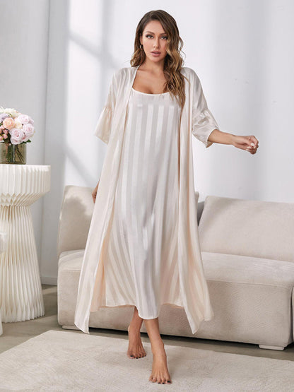 Sleepwear- Satin Striped 2-Piece Pajamas Long Chemise Nightdress with Silk Open Robe- White- IndioGear Fashion and Gear