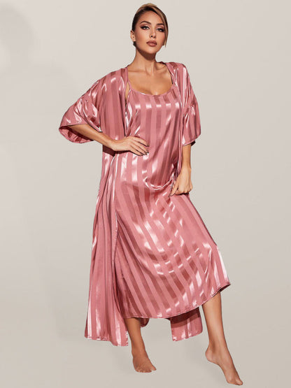 Sleepwear- Satin Striped 2-Piece Pajamas Long Chemise Nightdress with Silk Open Robe- Pink- IndioGear Fashion and Gear