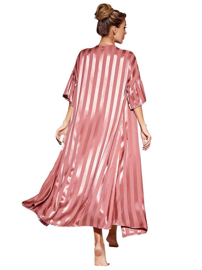 Sleepwear- Satin Striped 2-Piece Pajamas Long Chemise Nightdress with Silk Open Robe- - IndioGear Fashion and Gear