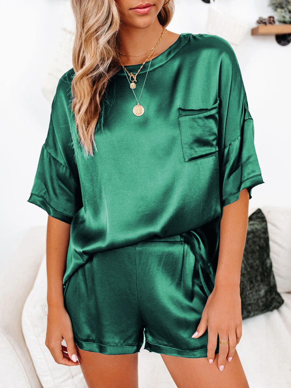 Sleepwear- Silk PJs 2 Piece Oversized Satin Sleepwear with Short Sleeve Top & Shorts- - IndioGear Fashion and Gear